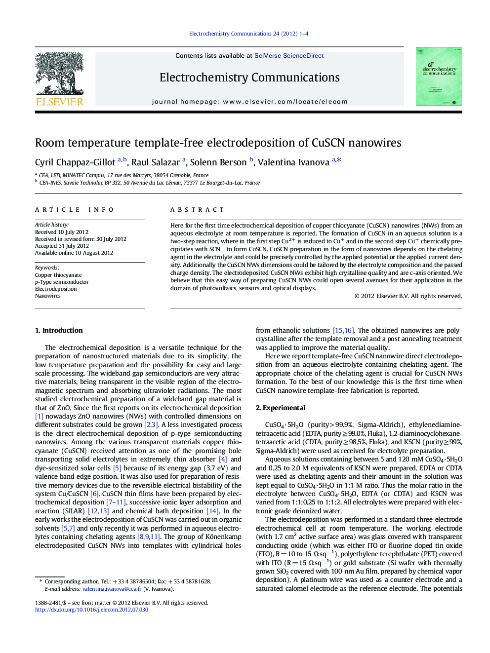 Room temperature template-free electrodeposition of CuSCN nanowires