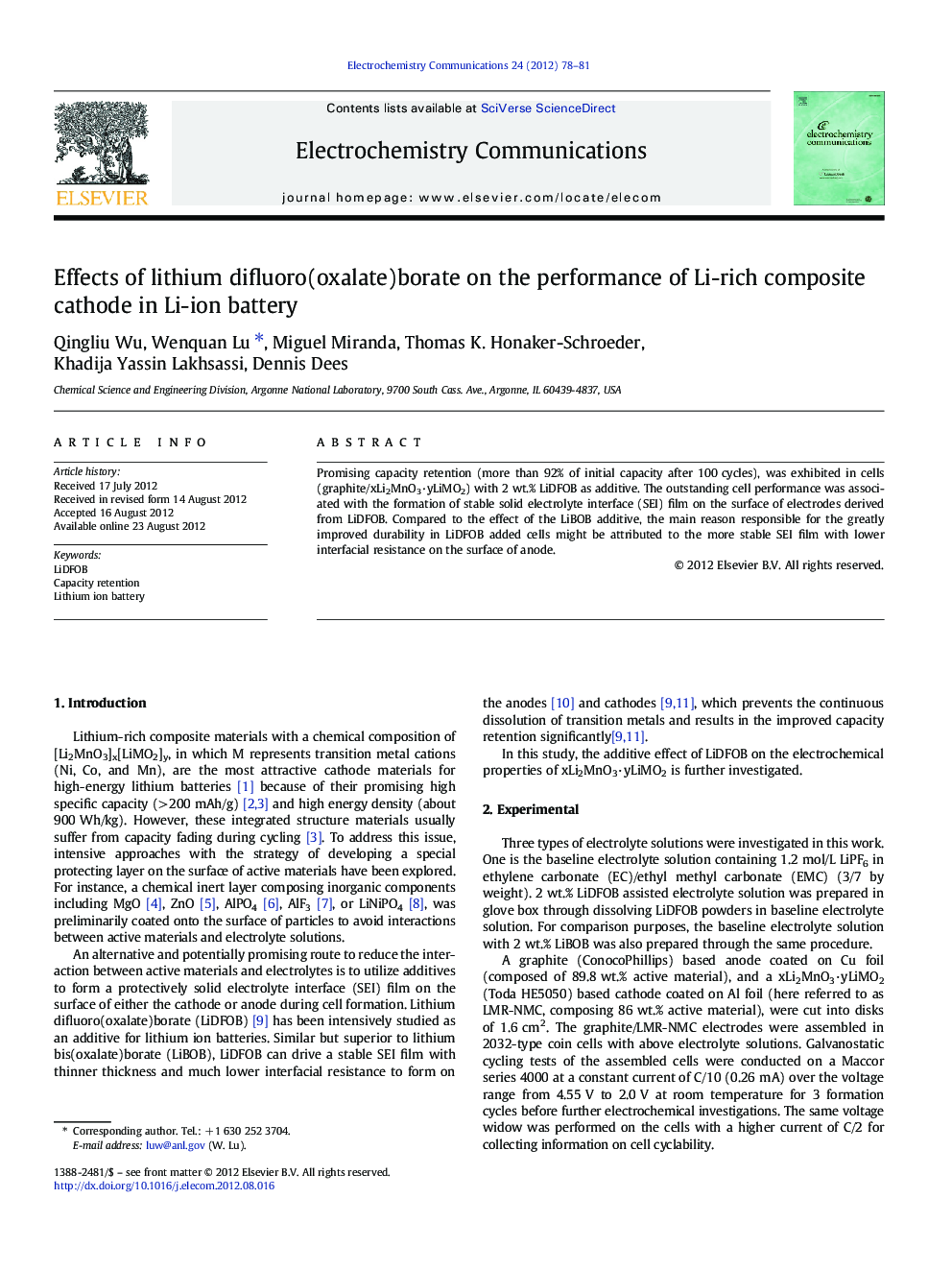 Effects of lithium difluoro(oxalate)borate on the performance of Li-rich composite cathode in Li-ion battery