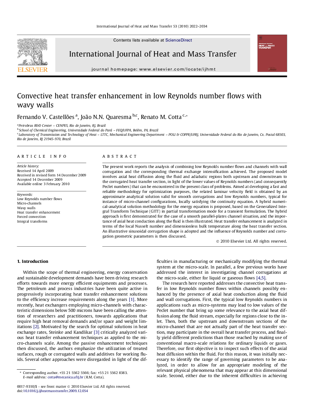 Convective heat transfer enhancement in low Reynolds number flows with wavy walls