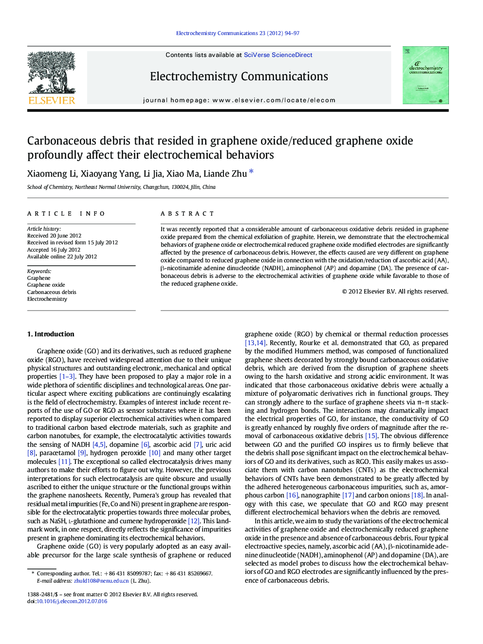 عکس صفحه اول مقاله: Carbonaceous debris that resided in graphene oxide/reduced graphene oxide profoundly affect their electrochemical behaviors Carbonaceous debris that resided in graphene oxide/reduced graphene oxide profoundly affect their electrochemical behaviors