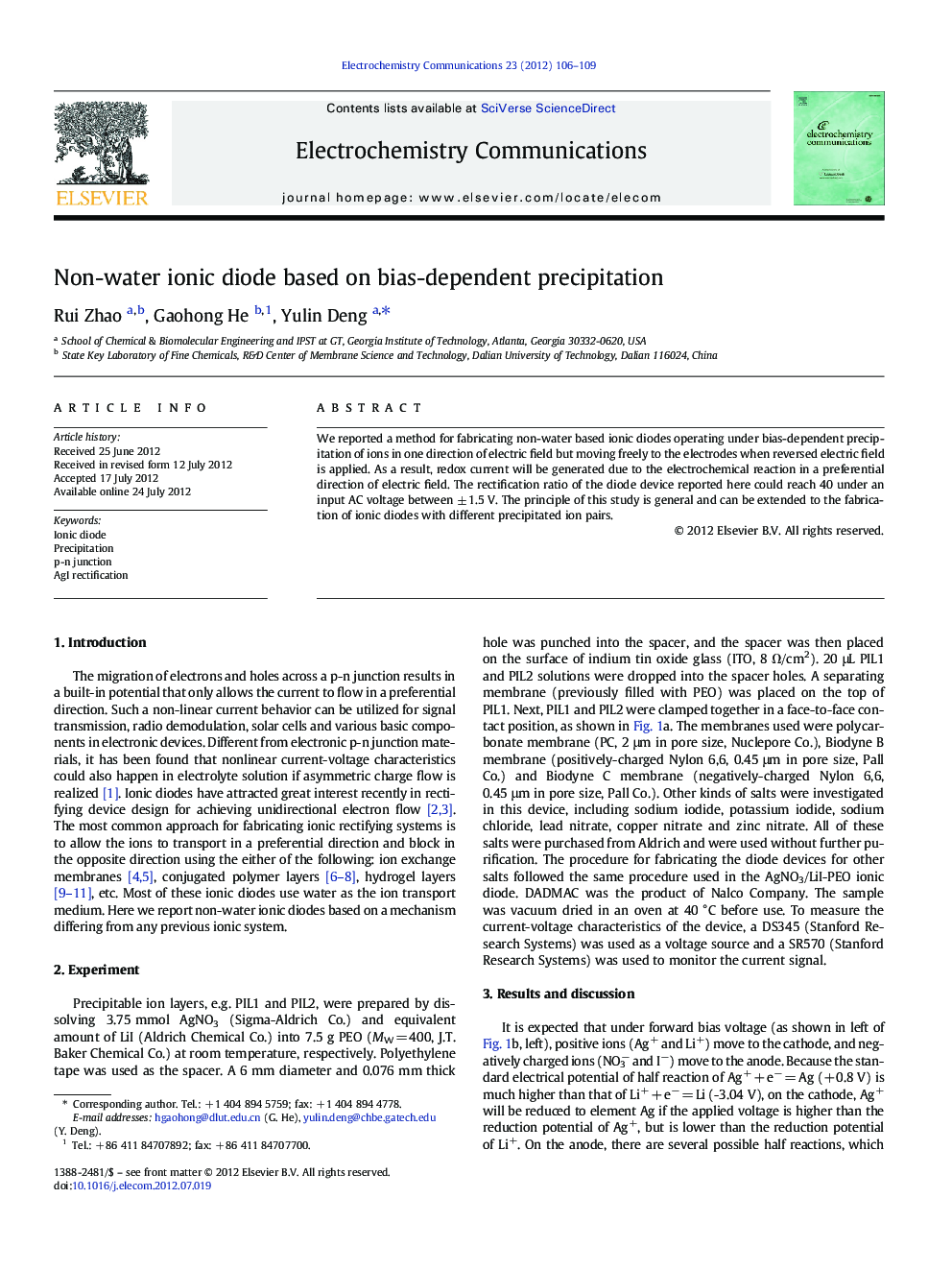 Non-water ionic diode based on bias-dependent precipitation