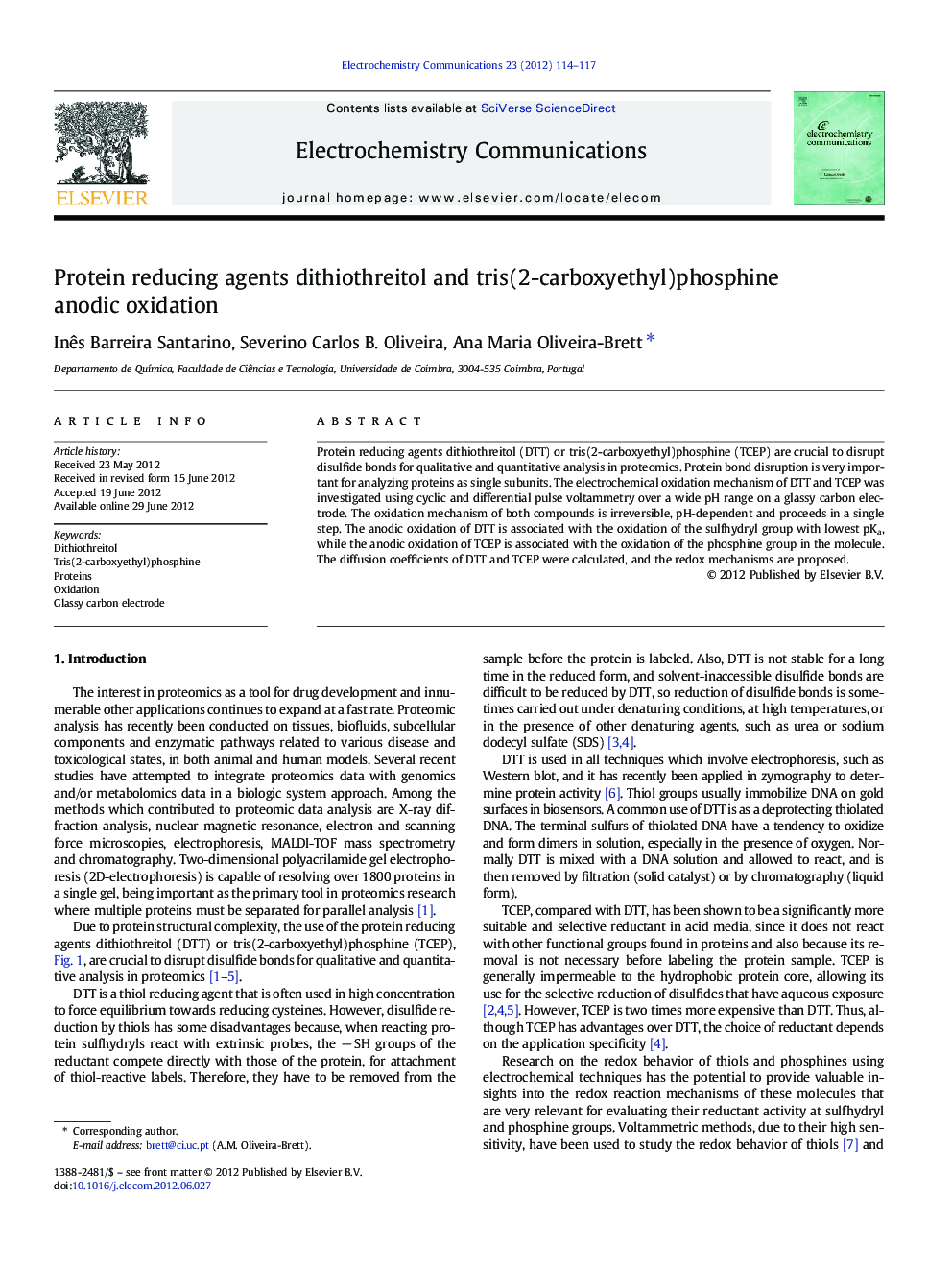 Protein reducing agents dithiothreitol and tris(2-carboxyethyl)phosphine anodic oxidation