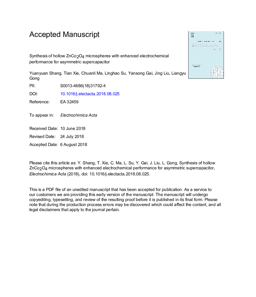 عکس صفحه اول مقاله: Synthesis of hollow ZnCo2O4 microspheres with enhanced electrochemical performance for asymmetric supercapacitor Synthesis of hollow ZnCo2O4 microspheres with enhanced electrochemical performance for asymmetric supercapacitor