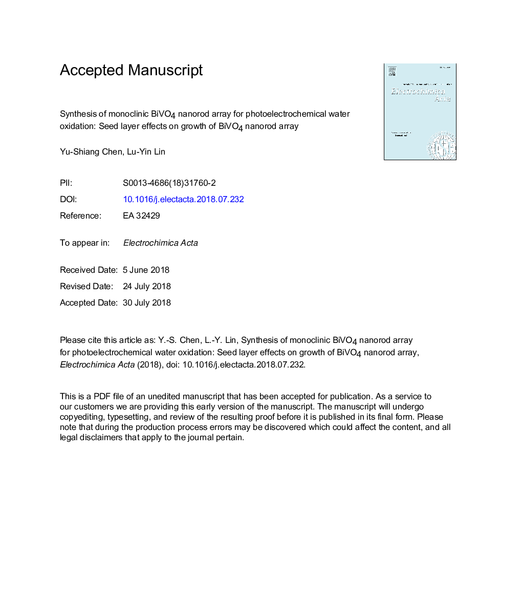 Synthesis of monoclinic BiVO4 nanorod array for photoelectrochemical water oxidation: Seed layer effects on growth of BiVO4 nanorod array