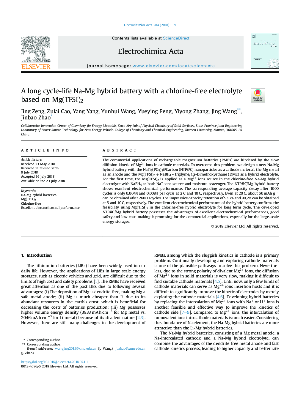 عکس صفحه اول مقاله: A long cycle-life Na-Mg hybrid battery with a chlorine-free electrolyte based on Mg(TFSI)2 A long cycle-life Na-Mg hybrid battery with a chlorine-free electrolyte based on Mg(TFSI)2