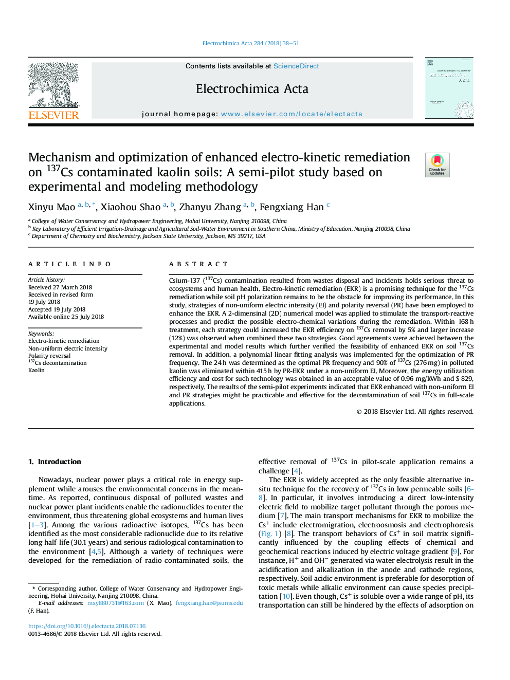 Mechanism and optimization of enhanced electro-kinetic remediation on 137Cs contaminated kaolin soils: A semi-pilot study based on experimental and modeling methodology