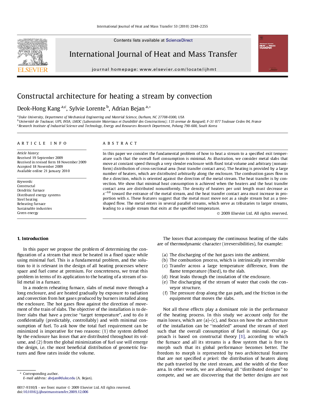 Constructal architecture for heating a stream by convection