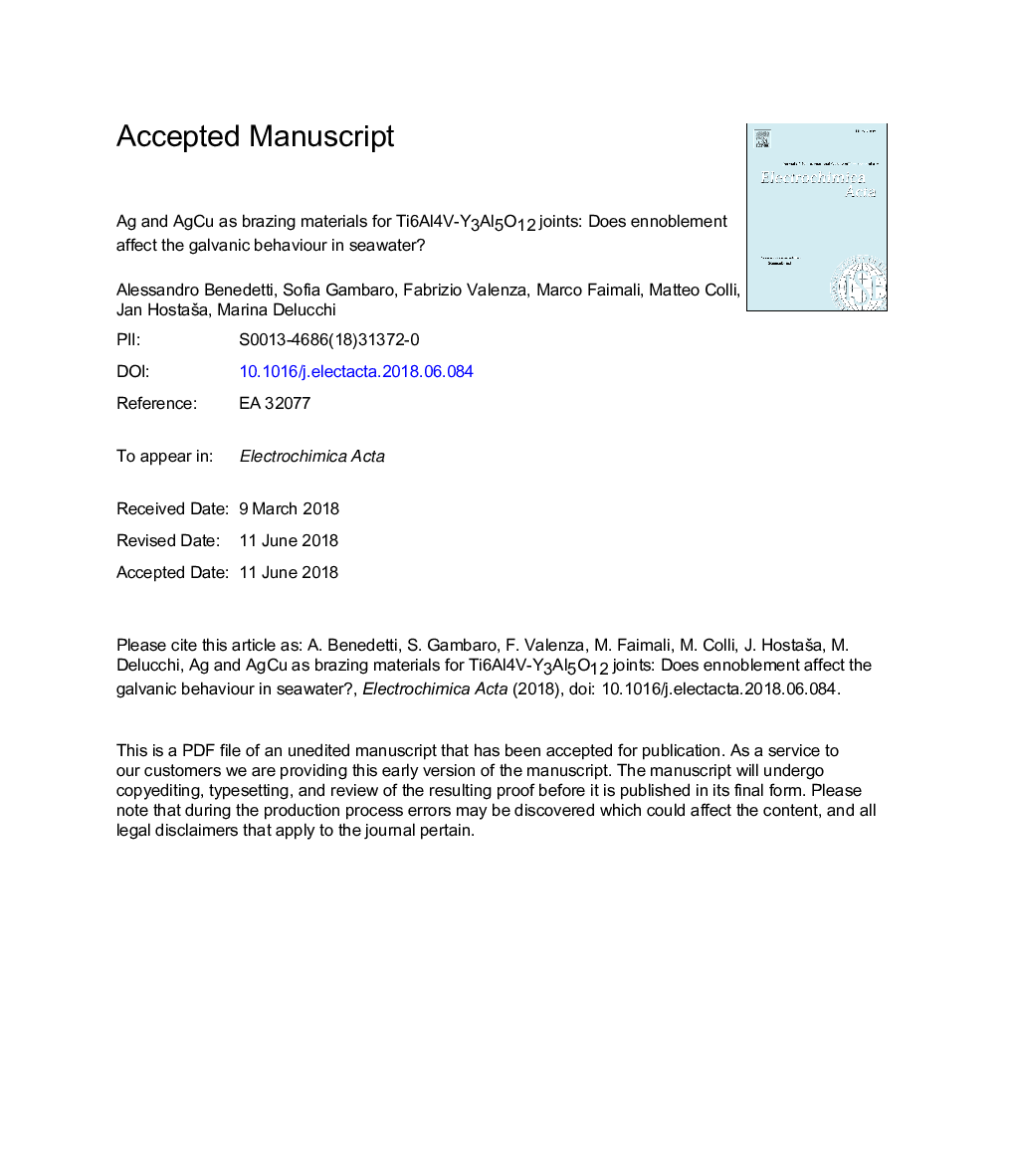 Ag and AgCu as brazing materials for Ti6Al4V-Y3Al5O12 joints: Does ennoblement affect the galvanic behaviour in seawater?