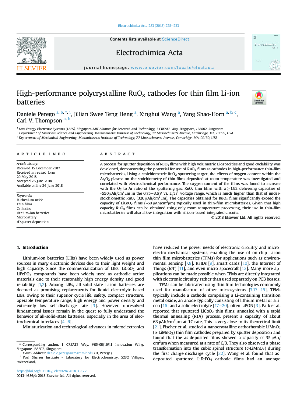 High-performance polycrystalline RuOx cathodes for thin film Li-ion batteries