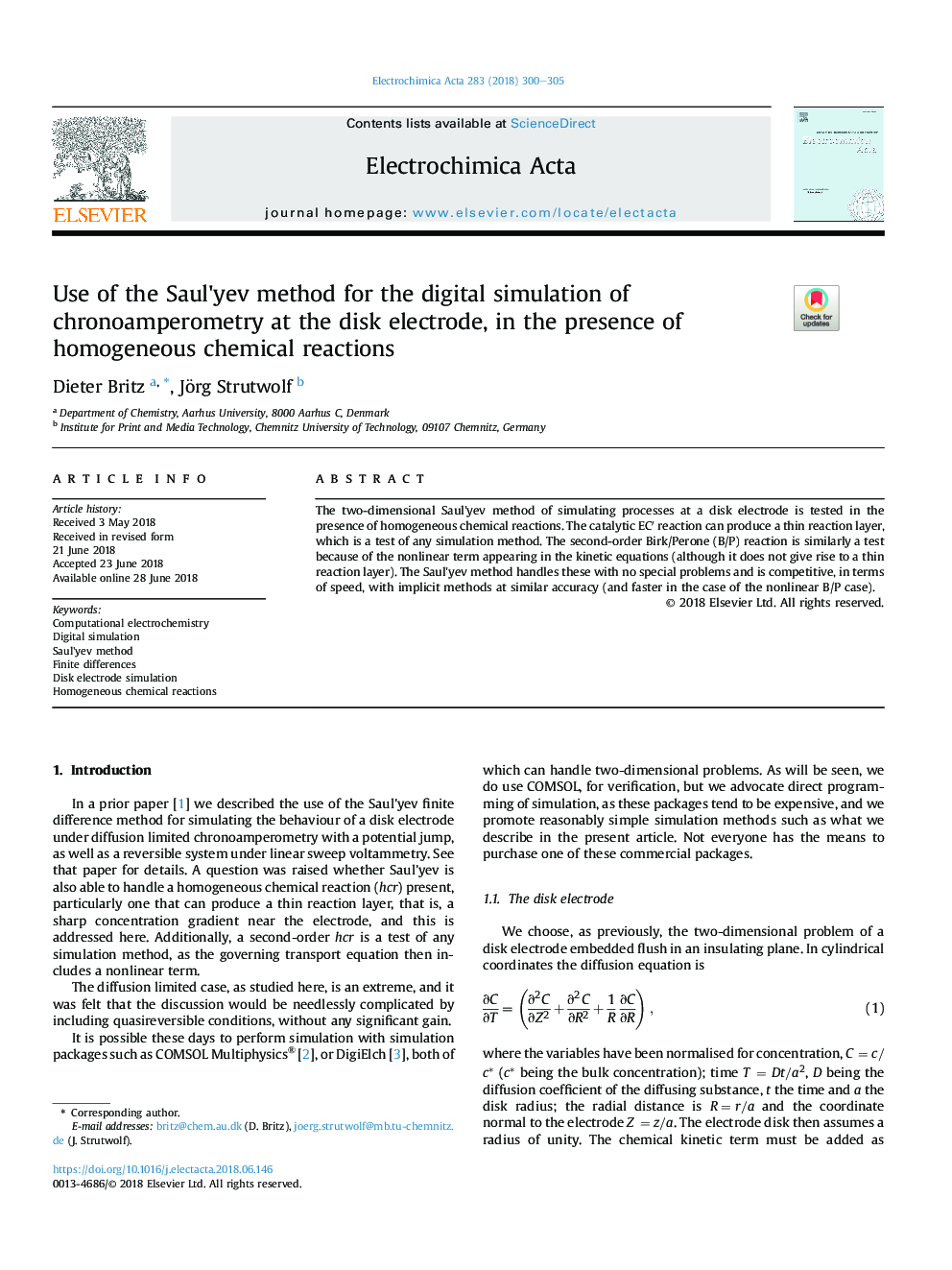 Use of the Saul'yev method for the digital simulation of chronoamperometry at the disk electrode, in the presence of homogeneous chemical reactions