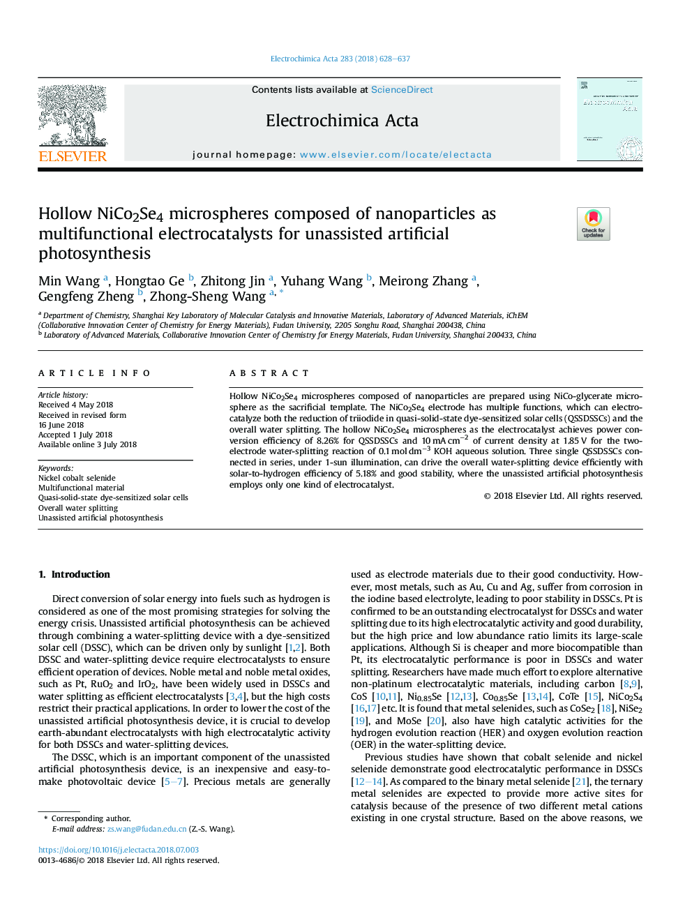 Hollow NiCo2Se4 microspheres composed of nanoparticles as multifunctional electrocatalysts for unassisted artificial photosynthesis