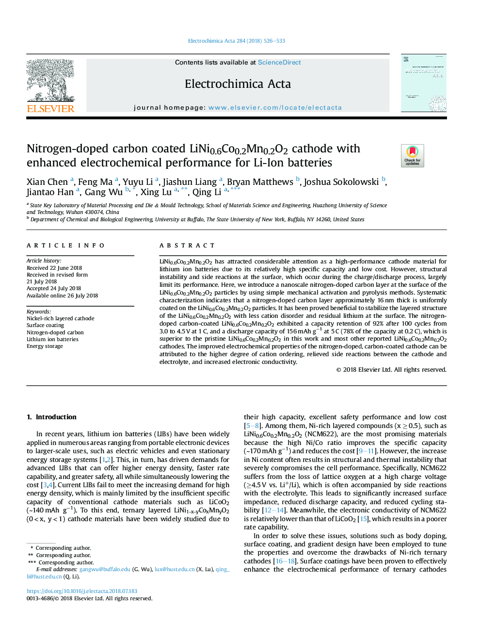 Nitrogen-doped carbon coated LiNi0.6Co0.2Mn0.2O2 cathode with enhanced electrochemical performance for Li-Ion batteries