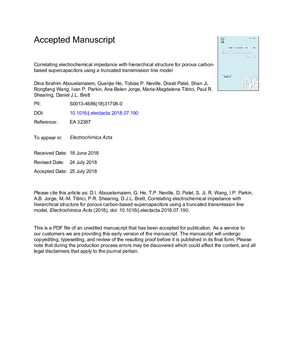 همبستگی امپدانس الکتروشیمیایی با ساختار سلسله مراتبی برای ابررسانای مبتنی بر کربن متخلخل با استفاده از یک مدل خط انتقال کوتاه 
