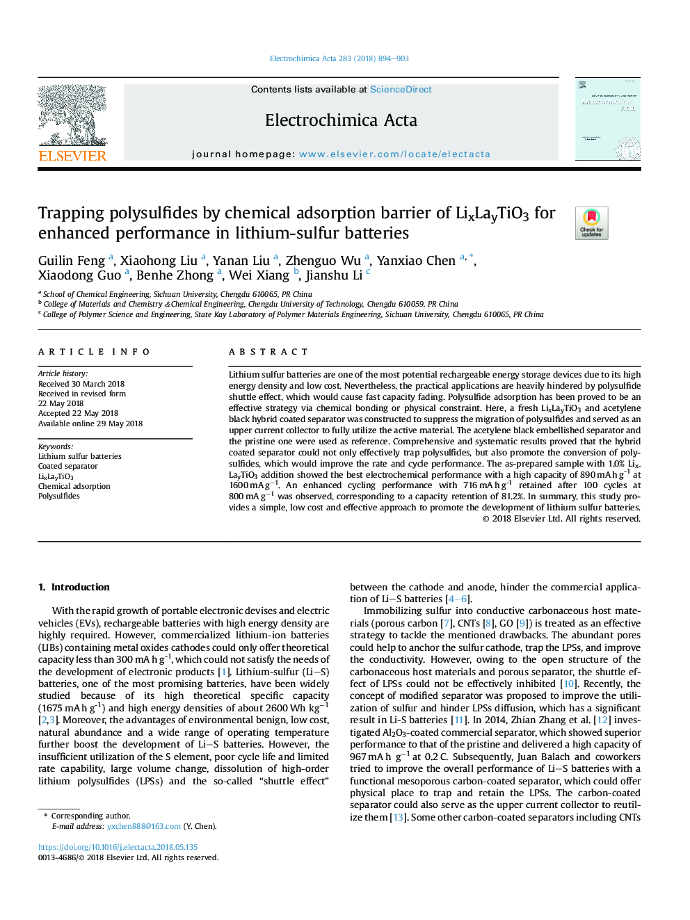 Trapping polysulfides by chemical adsorption barrier of LixLayTiO3 for enhanced performance in lithium-sulfur batteries