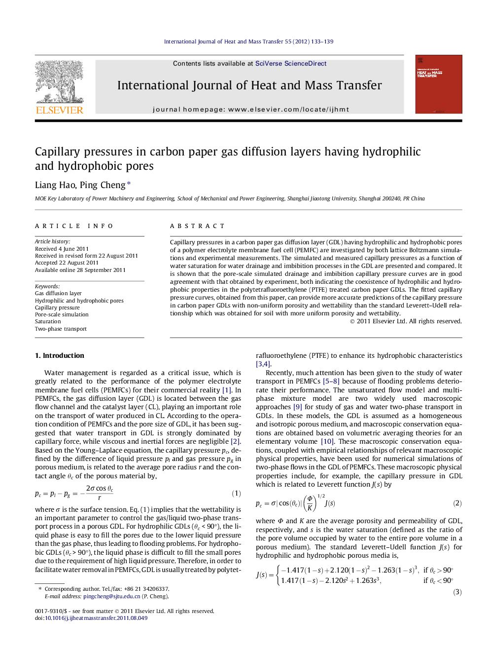 Capillary pressures in carbon paper gas diffusion layers having hydrophilic and hydrophobic pores