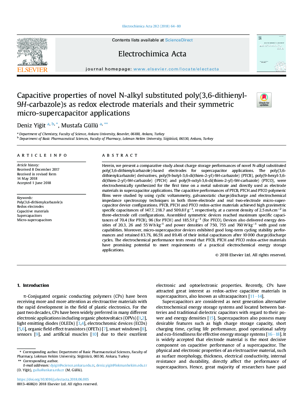 Capacitive properties of novel N-alkyl substituted poly(3,6-dithienyl-9H-carbazole)s as redox electrode materials and their symmetric micro-supercapacitor applications