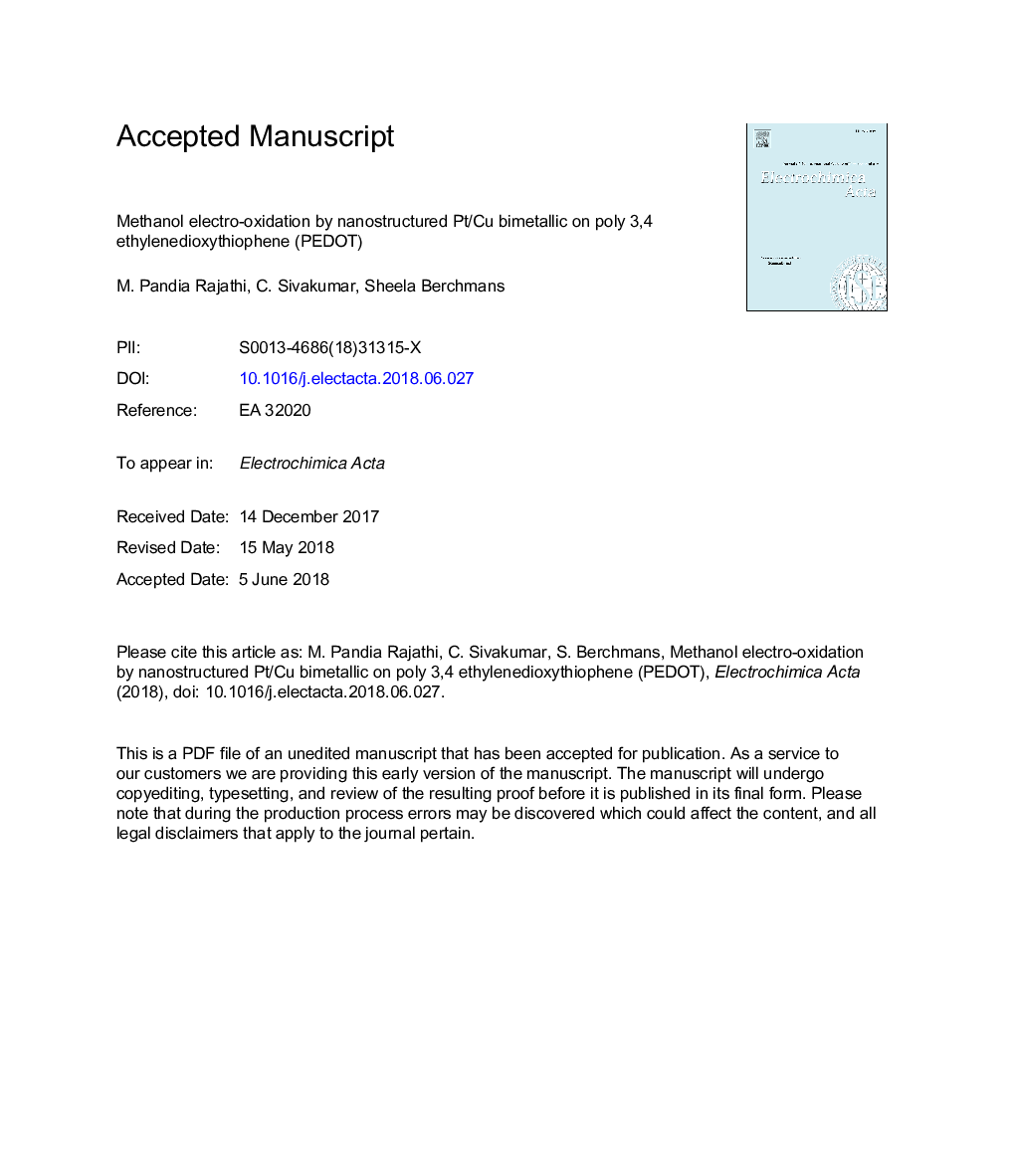 Methanol electro-oxidation by nanostructured Pt/Cu bimetallic on poly 3,4 ethylenedioxythiophene (PEDOT)