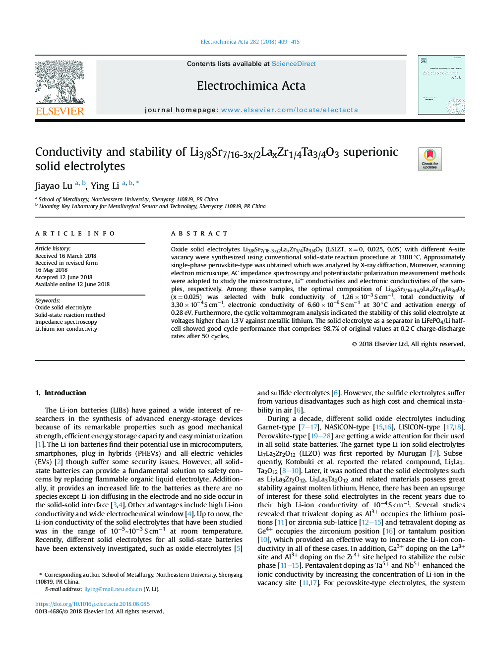 عکس صفحه اول مقاله: Conductivity and stability of Li3/8Sr7/16-3x/2LaxZr1/4Ta3/4O3 superionic solid electrolytes Conductivity and stability of Li3/8Sr7/16-3x/2LaxZr1/4Ta3/4O3 superionic solid electrolytes