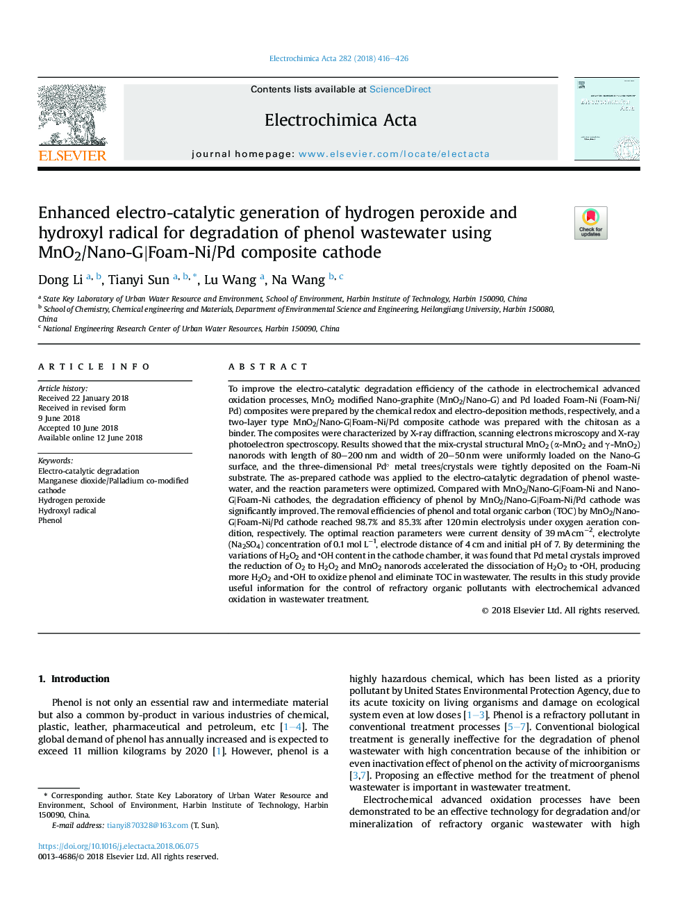 عکس صفحه اول مقاله: Enhanced electro-catalytic generation of hydrogen peroxide and hydroxyl radical for degradation of phenol wastewater using MnO2/Nano-G|Foam-Ni/Pd composite cathode Enhanced electro-catalytic generation of hydrogen peroxide and hydroxyl radical for degradation of phenol wastewater using MnO2/Nano-G|Foam-Ni/Pd composite cathode