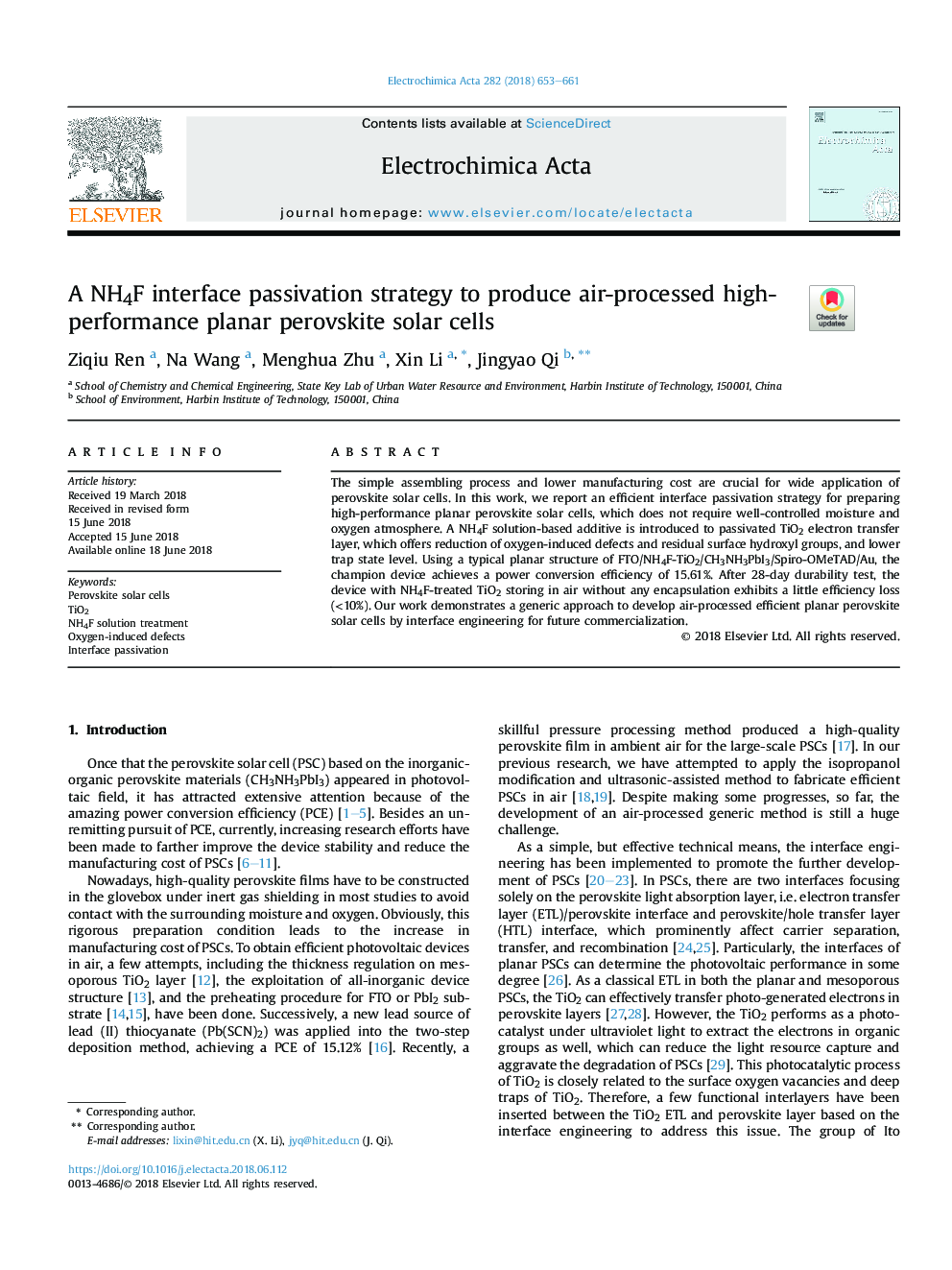 A NH4F interface passivation strategy to produce air-processed high-performance planar perovskite solar cells