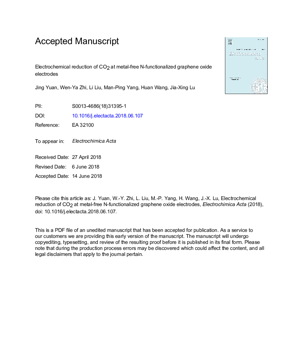 عکس صفحه اول مقاله: Electrochemical reduction of CO2 at metal-free N-functionalized graphene oxide electrodes Electrochemical reduction of CO2 at metal-free N-functionalized graphene oxide electrodes