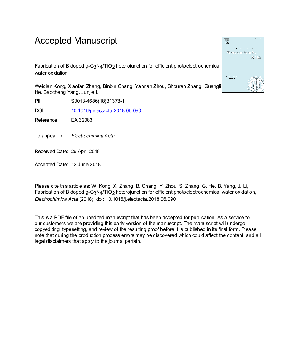 Fabrication of B doped g-C3N4/TiO2 heterojunction for efficient photoelectrochemical water oxidation