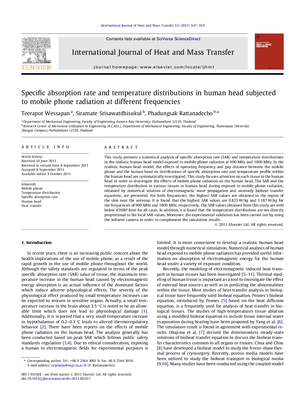 Specific absorption rate and temperature distributions in human head subjected to mobile phone radiation at different frequencies