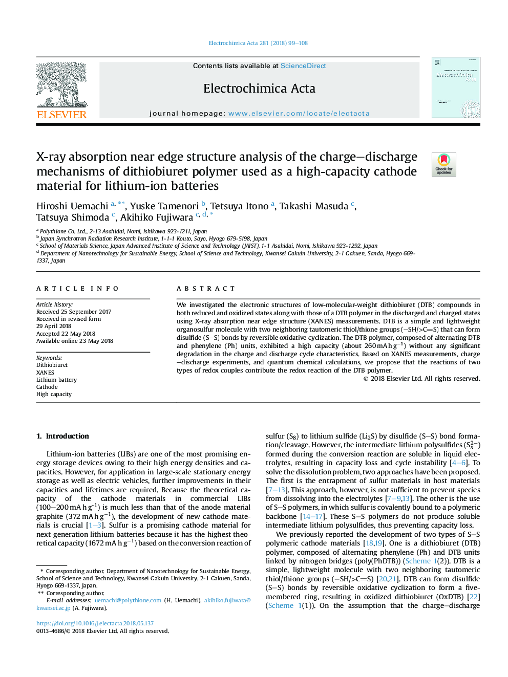 X-ray absorption near edge structure analysis of the charge-discharge mechanisms of dithiobiuret polymer used as a high-capacity cathode material for lithium-ion batteries