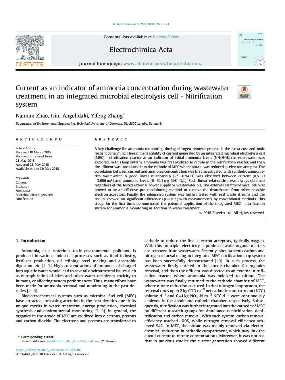 Current as an indicator of ammonia concentration during wastewater treatment in an integrated microbial electrolysis cell - Nitrification system