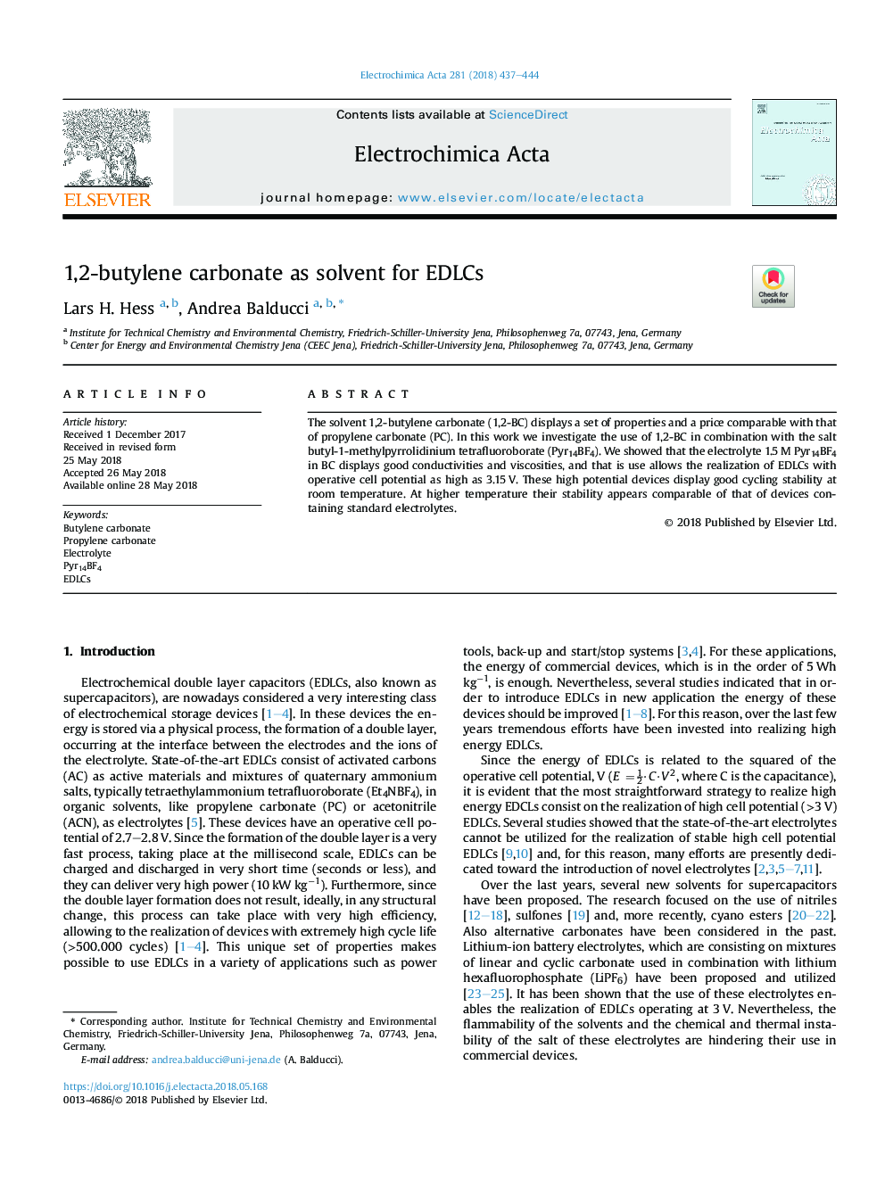 1,2-butylene carbonate as solvent for EDLCs