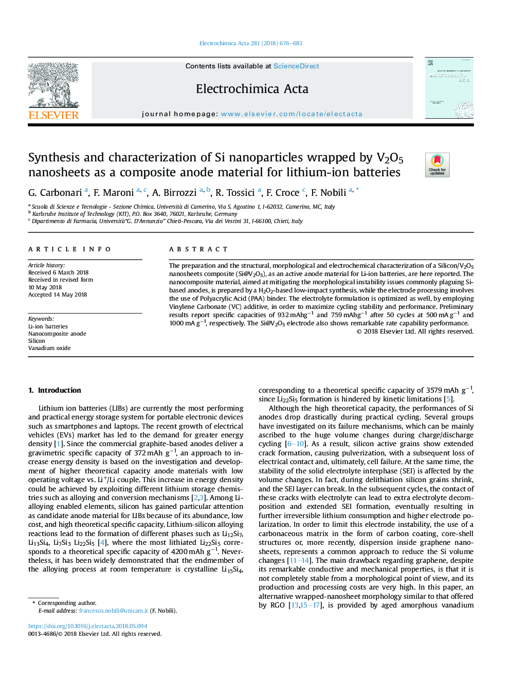 Synthesis and characterization of Si nanoparticles wrapped by V2O5 nanosheets as a composite anode material for lithium-ion batteries