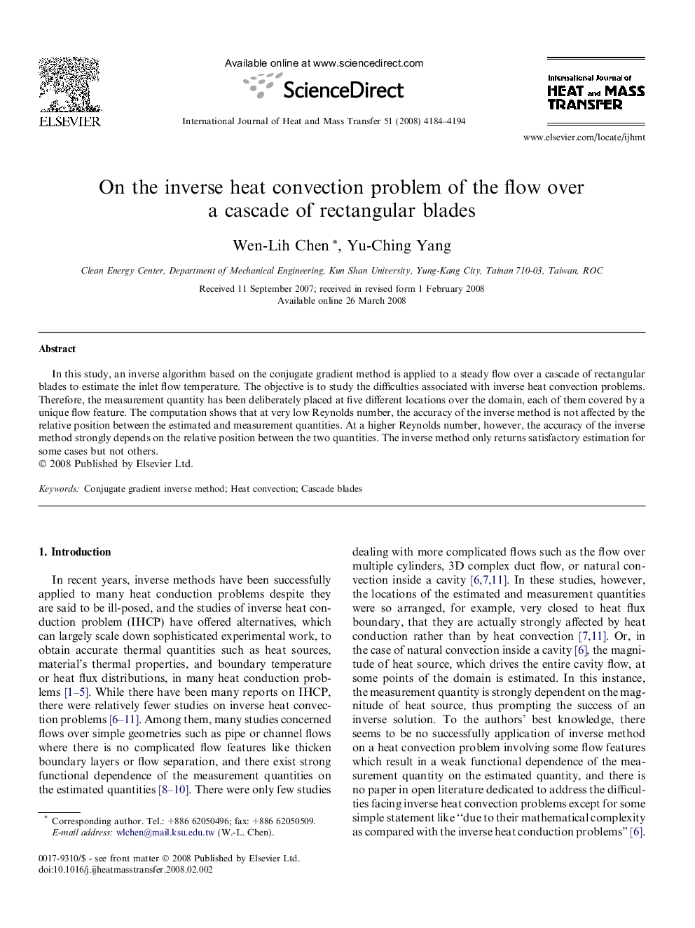 On the inverse heat convection problem of the flow over a cascade of rectangular blades