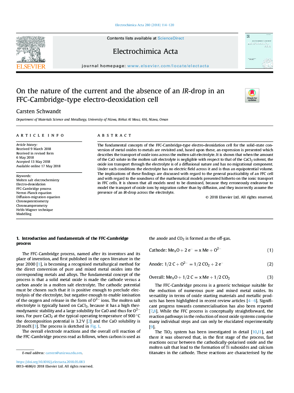 On the nature of the current and the absence of an IR-drop in an FFC-Cambridge-type electro-deoxidation cell