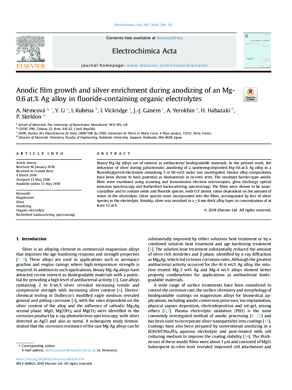 Anodic film growth and silver enrichment during anodizing of an Mg-0.6â¯at.% Ag alloy in fluoride-containing organic electrolytes