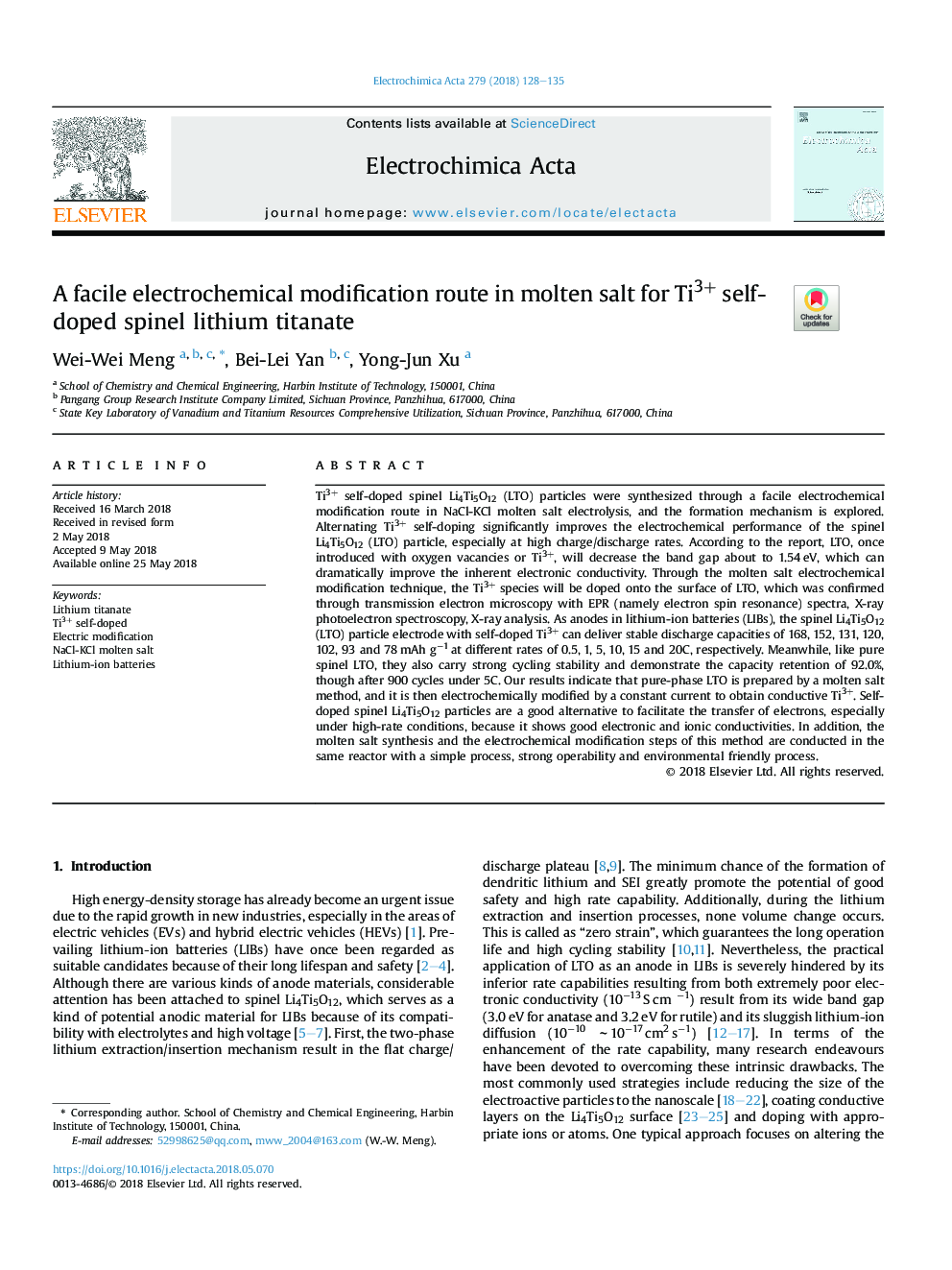 A facile electrochemical modification route in molten salt for Ti3+ self-doped spinel lithium titanate