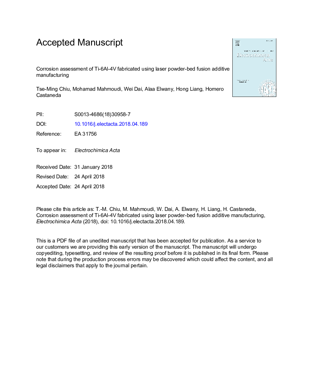 Corrosion assessment of Ti-6Al-4V fabricated using laser powder-bed fusion additive manufacturing