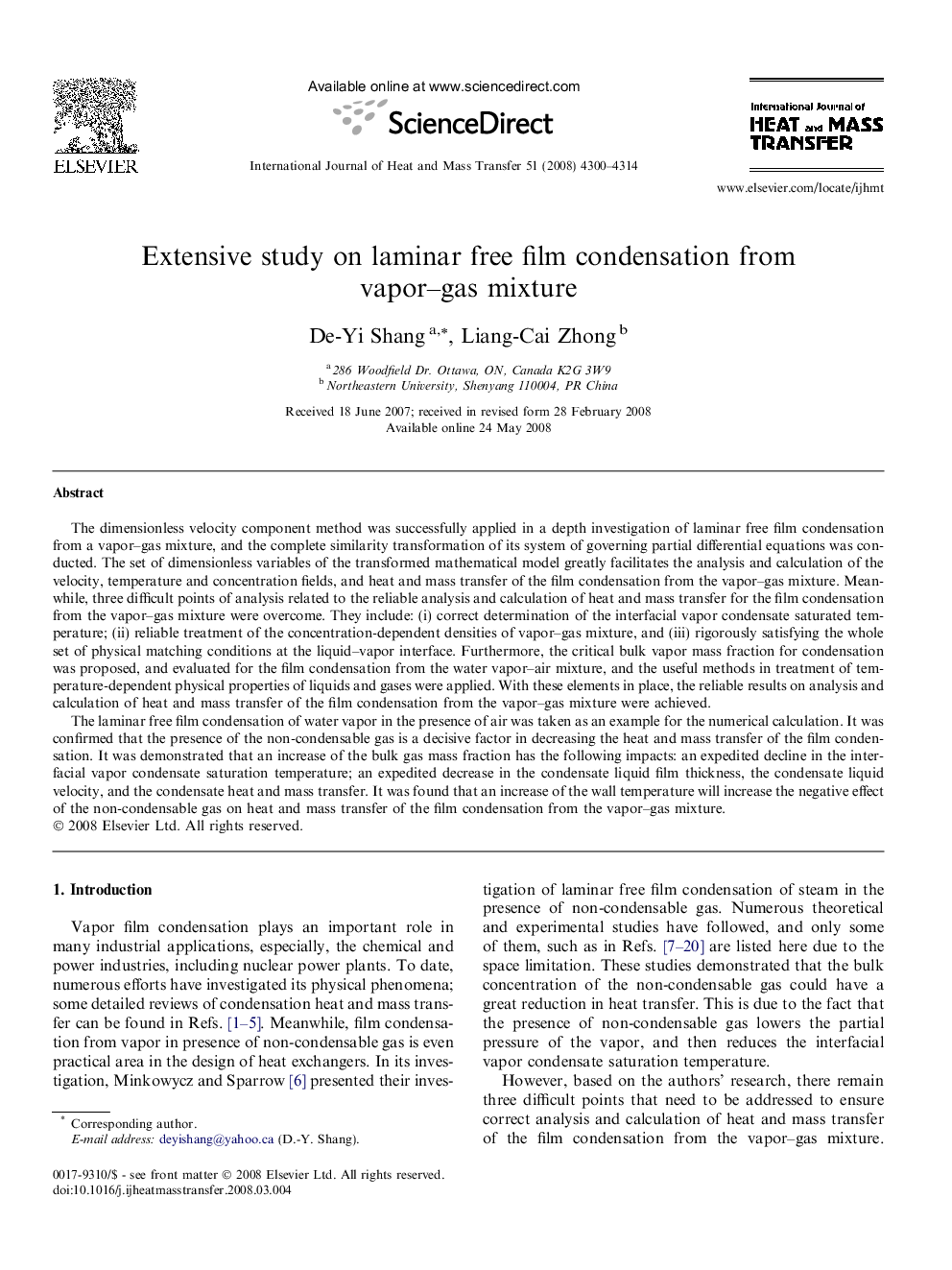 Extensive study on laminar free film condensation from vapor–gas mixture