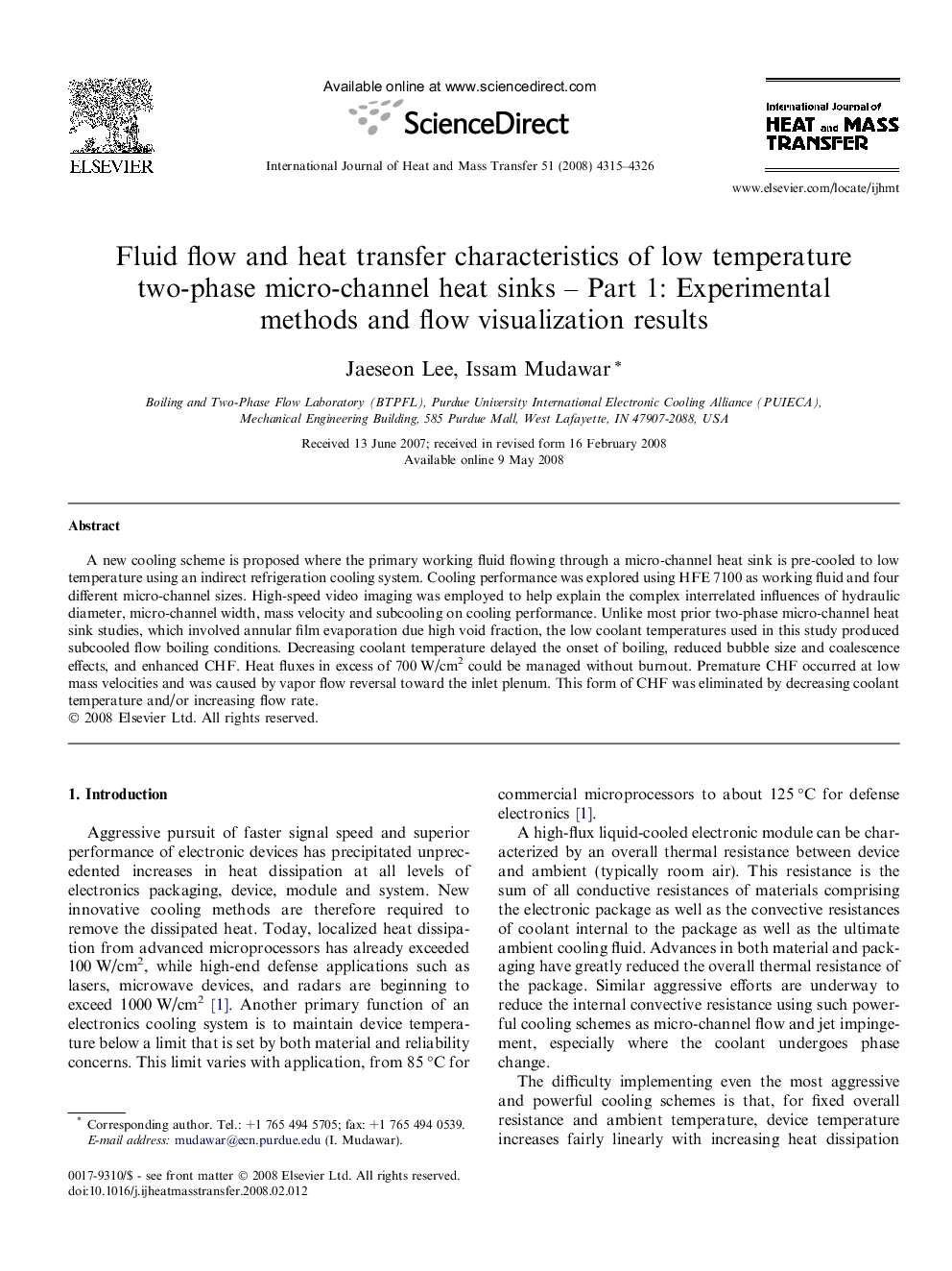 Fluid flow and heat transfer characteristics of low temperature two-phase micro-channel heat sinks – Part 1: Experimental methods and flow visualization results