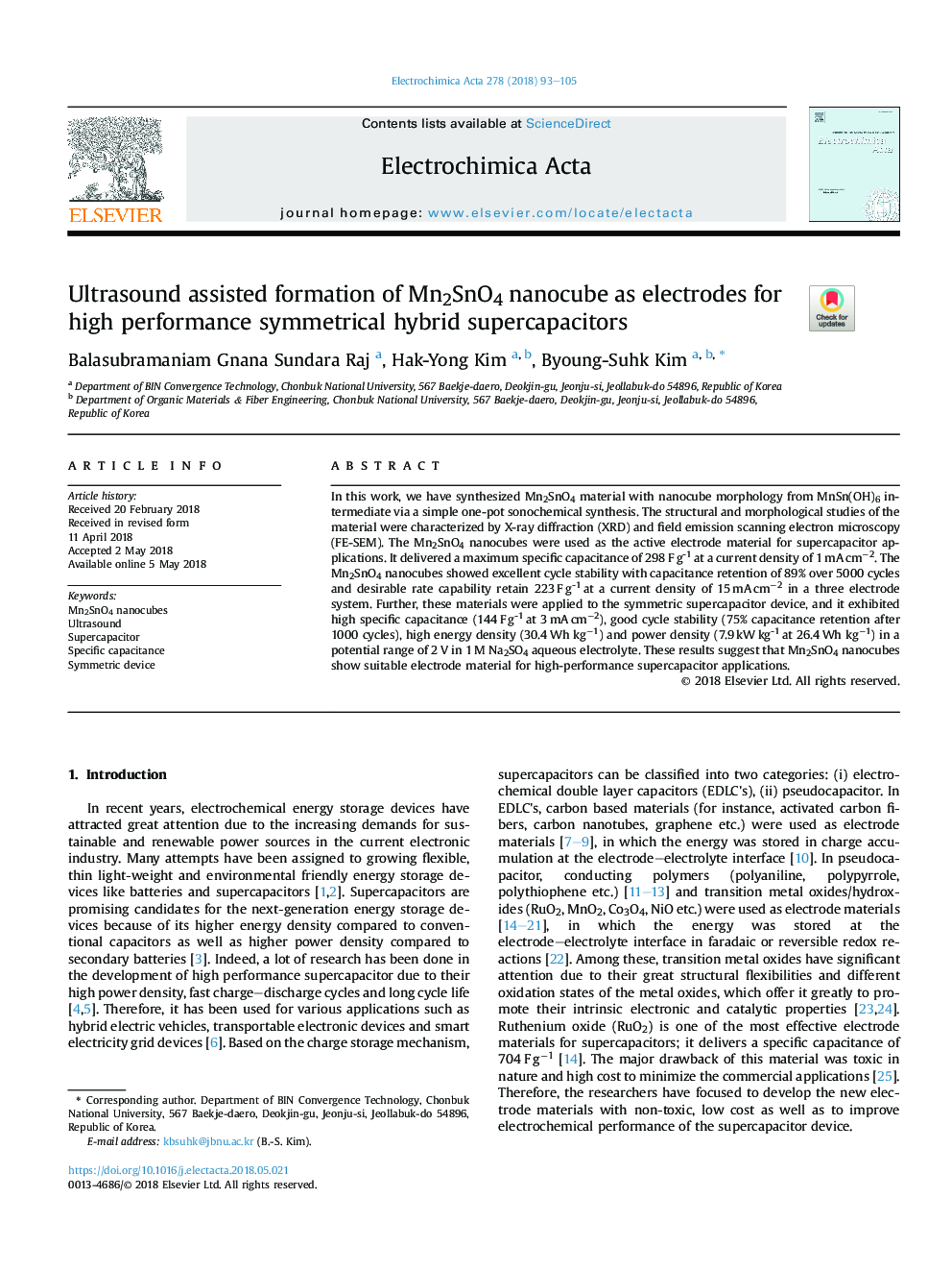 Ultrasound assisted formation of Mn2SnO4 nanocube as electrodes for high performance symmetrical hybrid supercapacitors