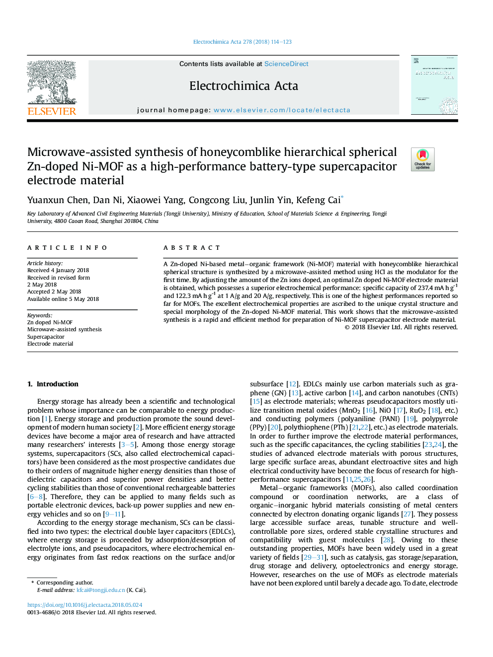 Microwave-assisted synthesis of honeycomblike hierarchical spherical Zn-doped Ni-MOF as a high-performance battery-type supercapacitor electrode material