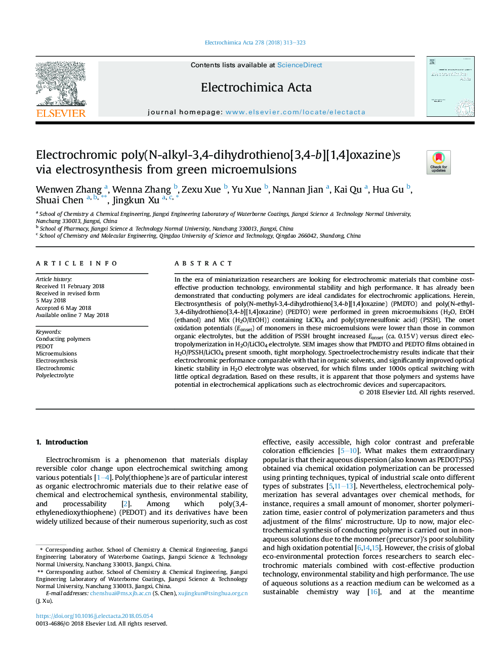 Electrochromic poly(N-alkyl-3,4-dihydrothieno[3,4-b][1,4]oxazine)s via electrosynthesis from green microemulsions