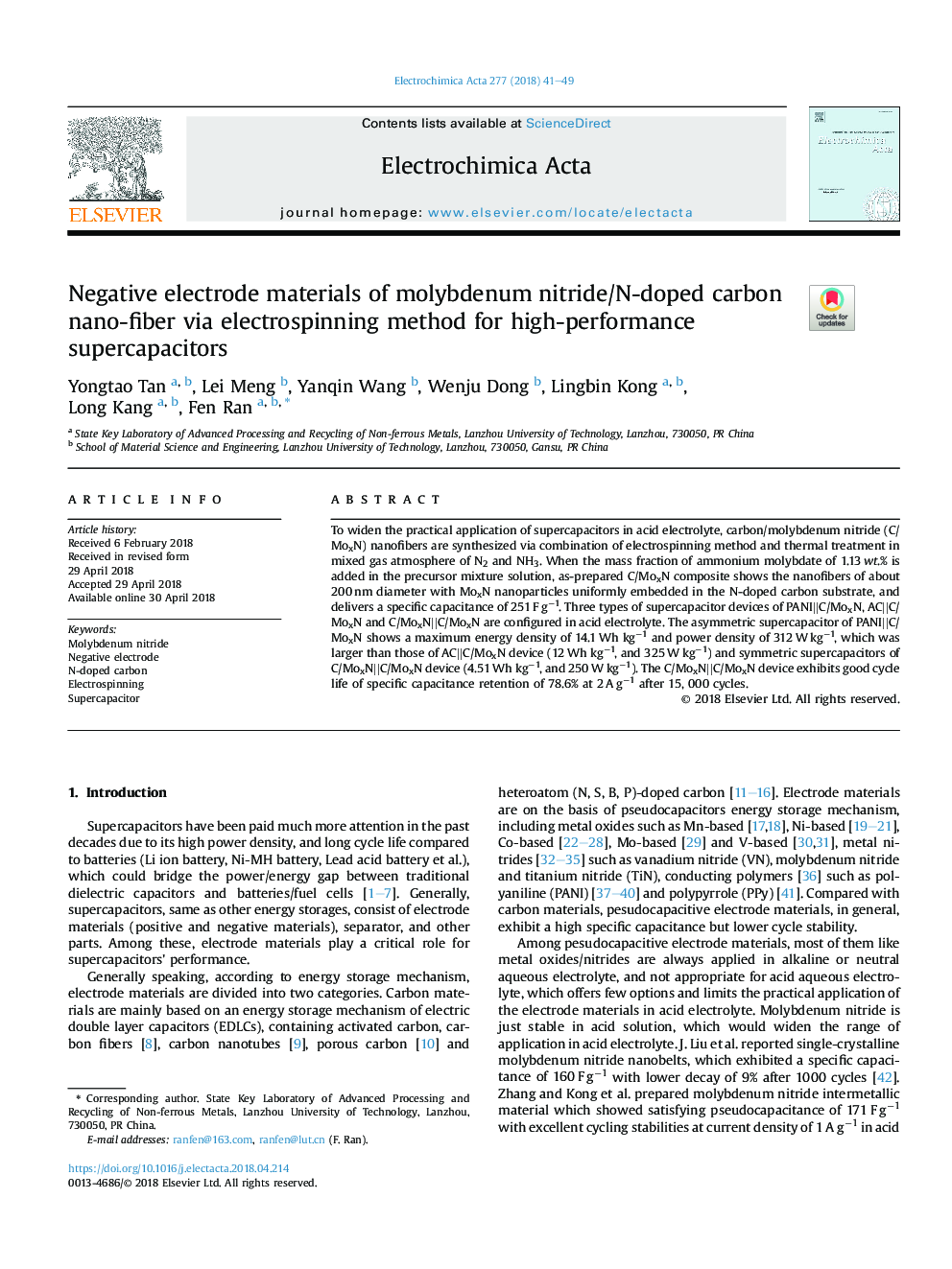 Negative electrode materials of molybdenum nitride/N-doped carbon nano-fiber via electrospinning method for high-performance supercapacitors