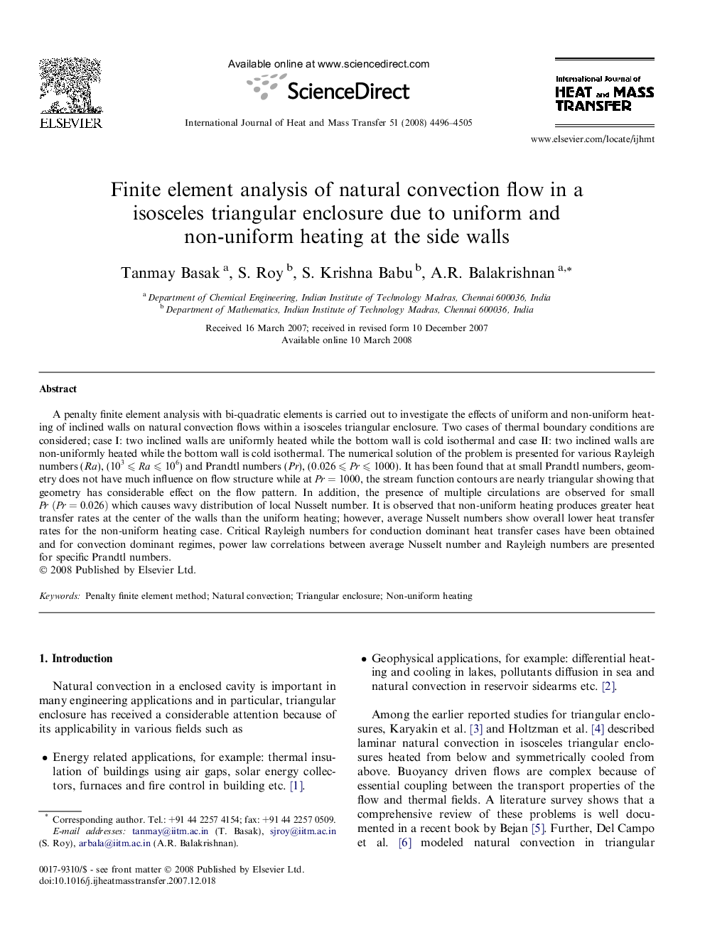 Finite element analysis of natural convection flow in a isosceles triangular enclosure due to uniform and non-uniform heating at the side walls