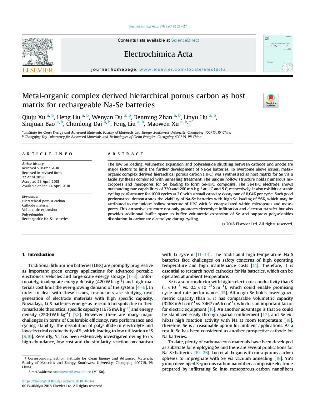 Metal-organic complex derived hierarchical porous carbon as host matrix for rechargeable Na-Se batteries