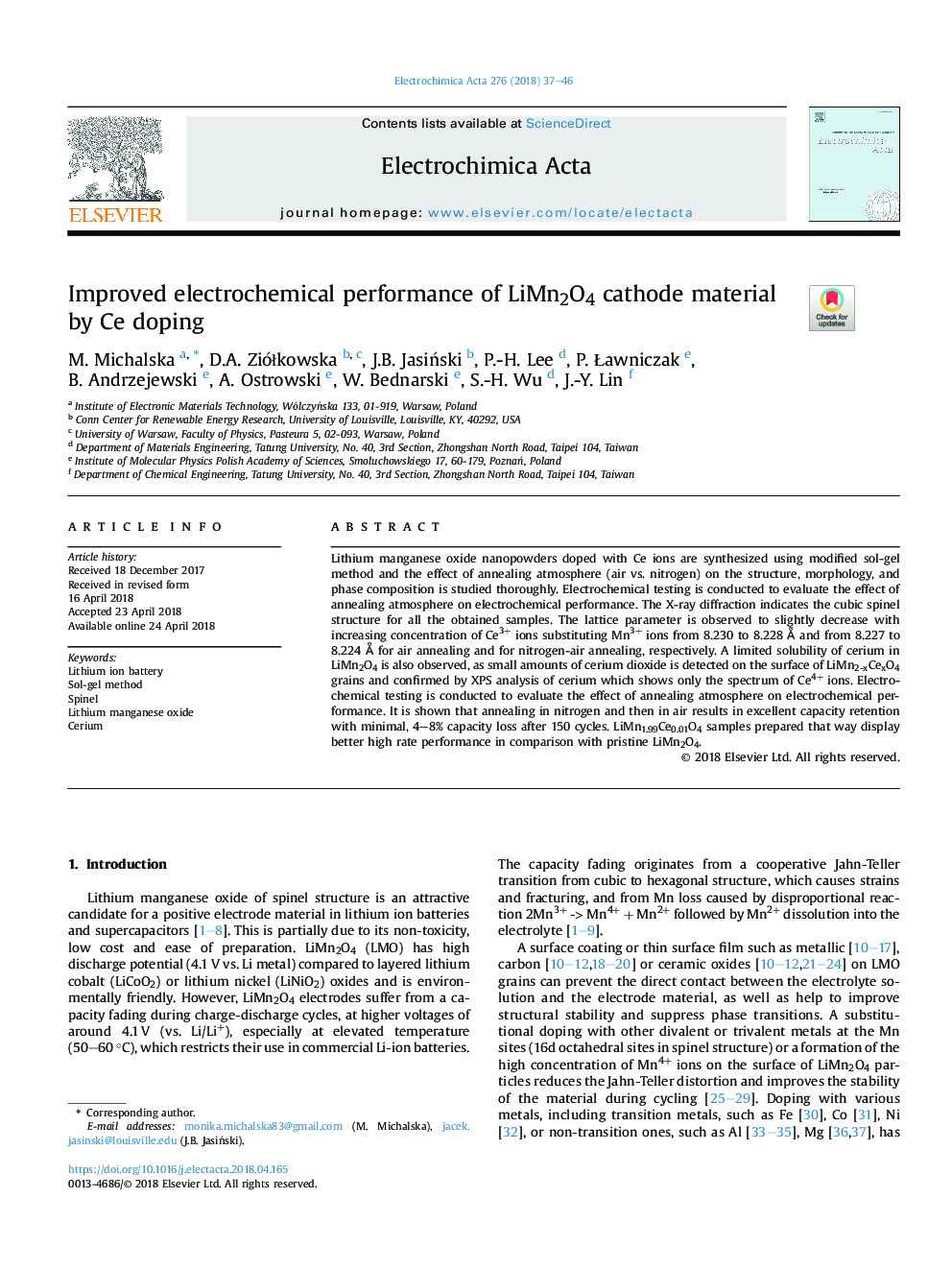 Improved electrochemical performance of LiMn2O4 cathode material by Ce doping