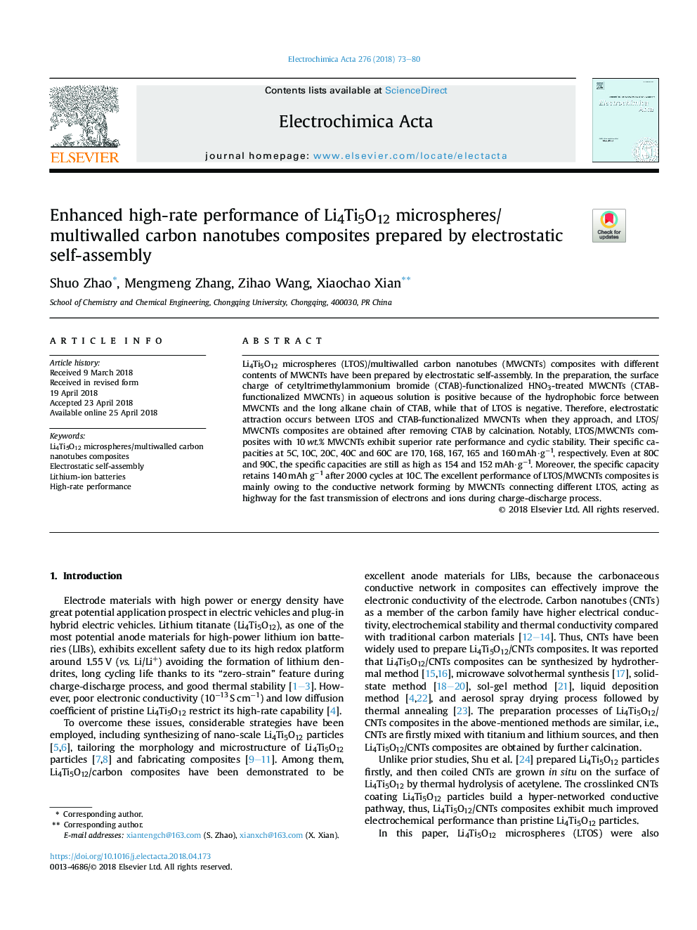 Enhanced high-rate performance of Li4Ti5O12 microspheres/multiwalled carbon nanotubes composites prepared by electrostatic self-assembly