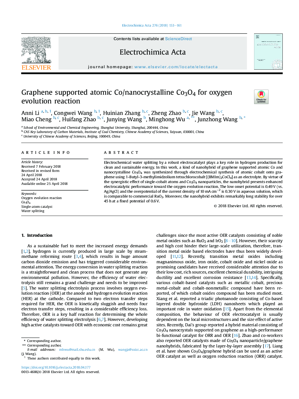 Graphene supported atomic Co/nanocrystalline Co3O4 for oxygen evolution reaction