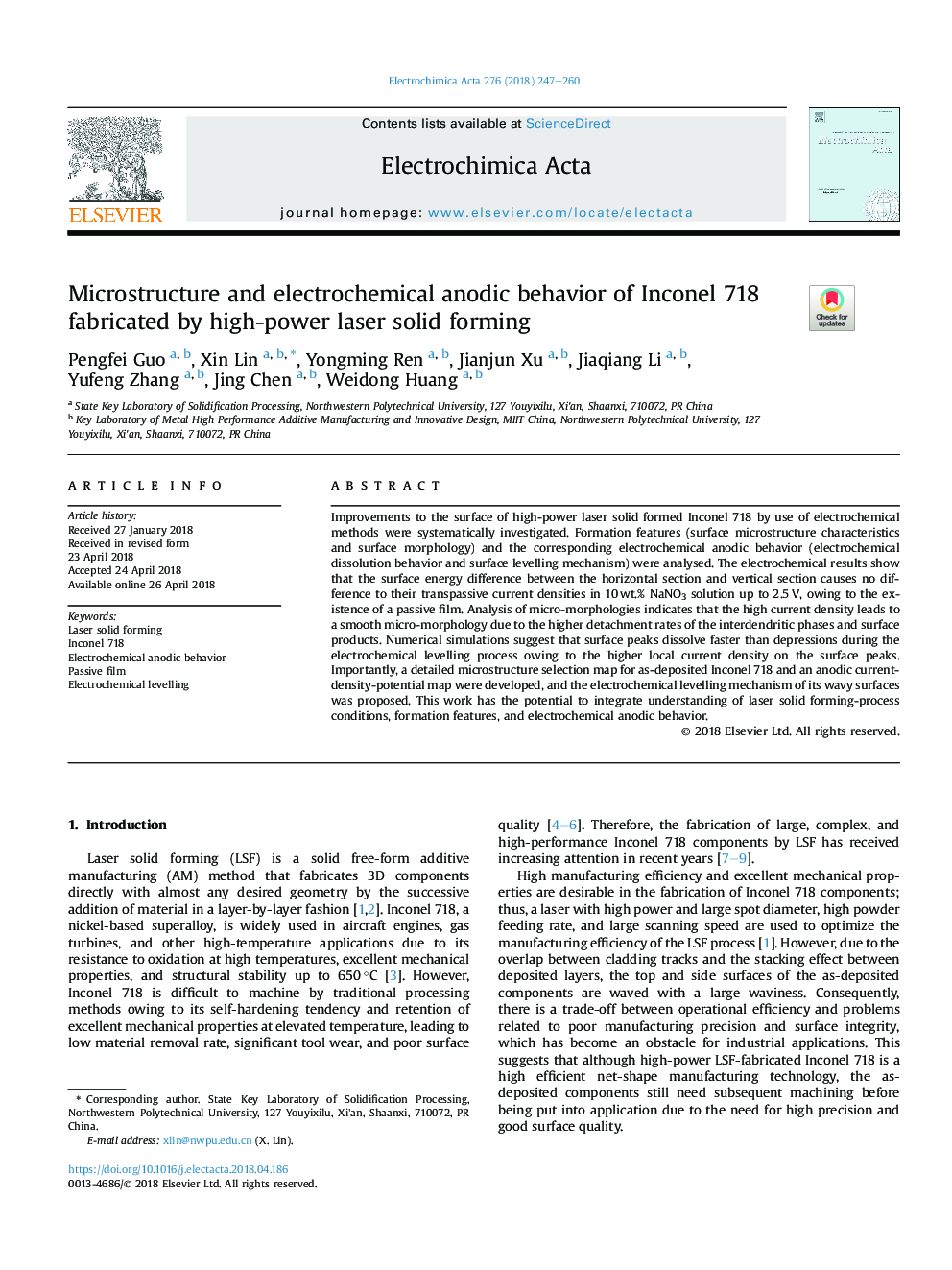 Microstructure and electrochemical anodic behavior of Inconel 718 fabricated by high-power laser solid forming