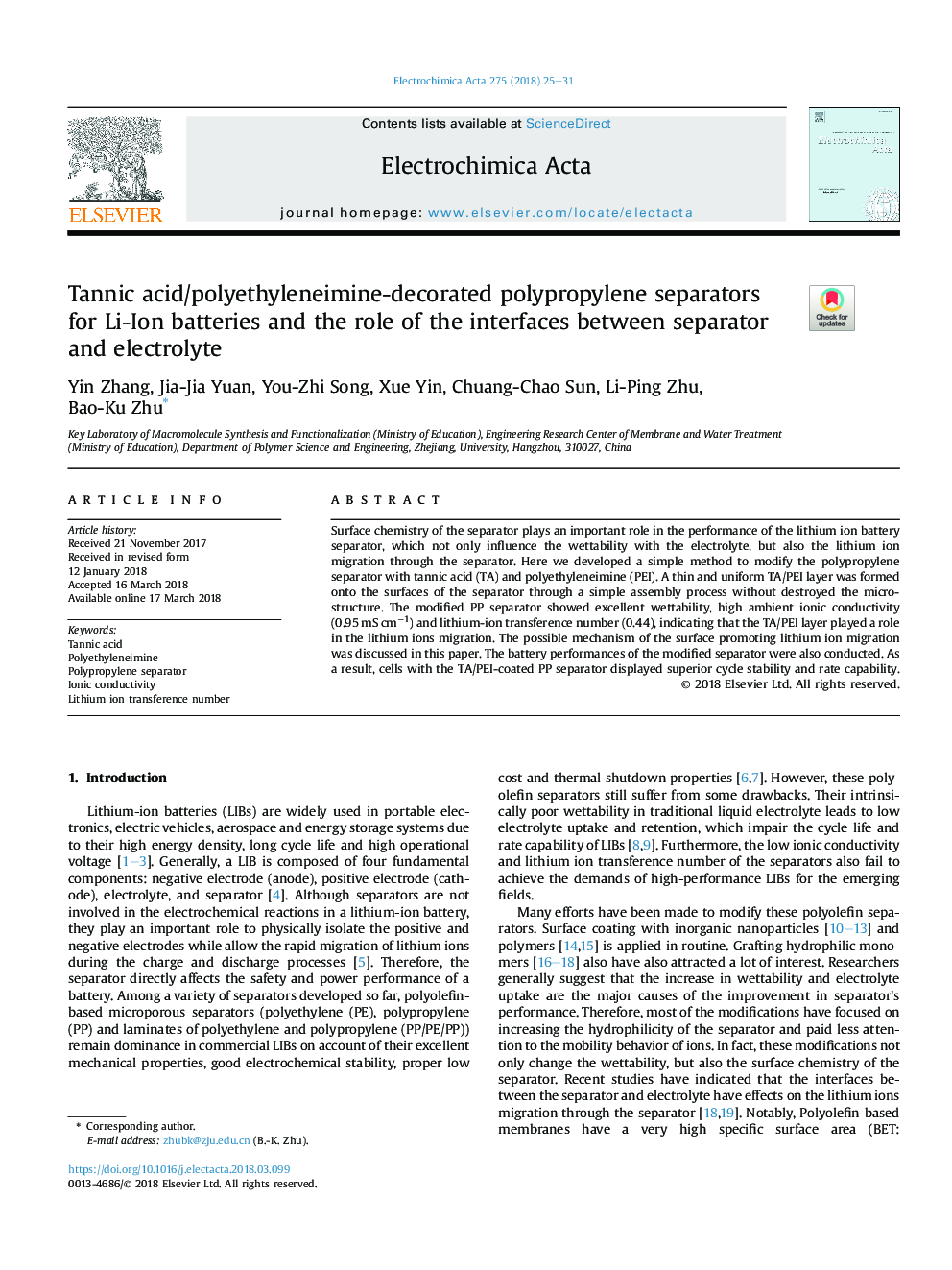 Tannic acid/polyethyleneimine-decorated polypropylene separators for Li-Ion batteries and the role of the interfaces between separator and electrolyte