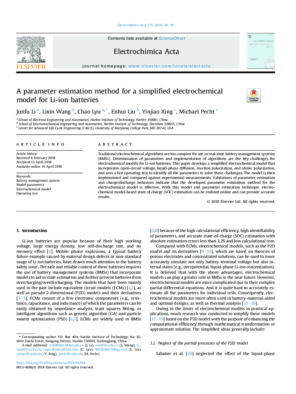 A parameter estimation method for a simplified electrochemical model for Li-ion batteries